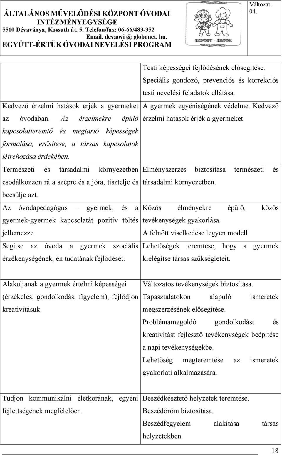 Segítse az óvoda a gyermek szociális érzékenységének, én tudatának fejlődését. Testi képességei fejlődésének elősegítése. Speciális gondozó, prevenciós és korrekciós testi nevelési feladatok ellátása.