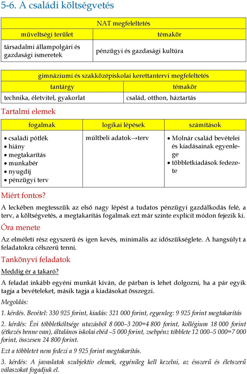 múltbeli adatok terv Molnár család bevételei és kiadásainak egyenlege többletkiadások fedezete Miért fontos?