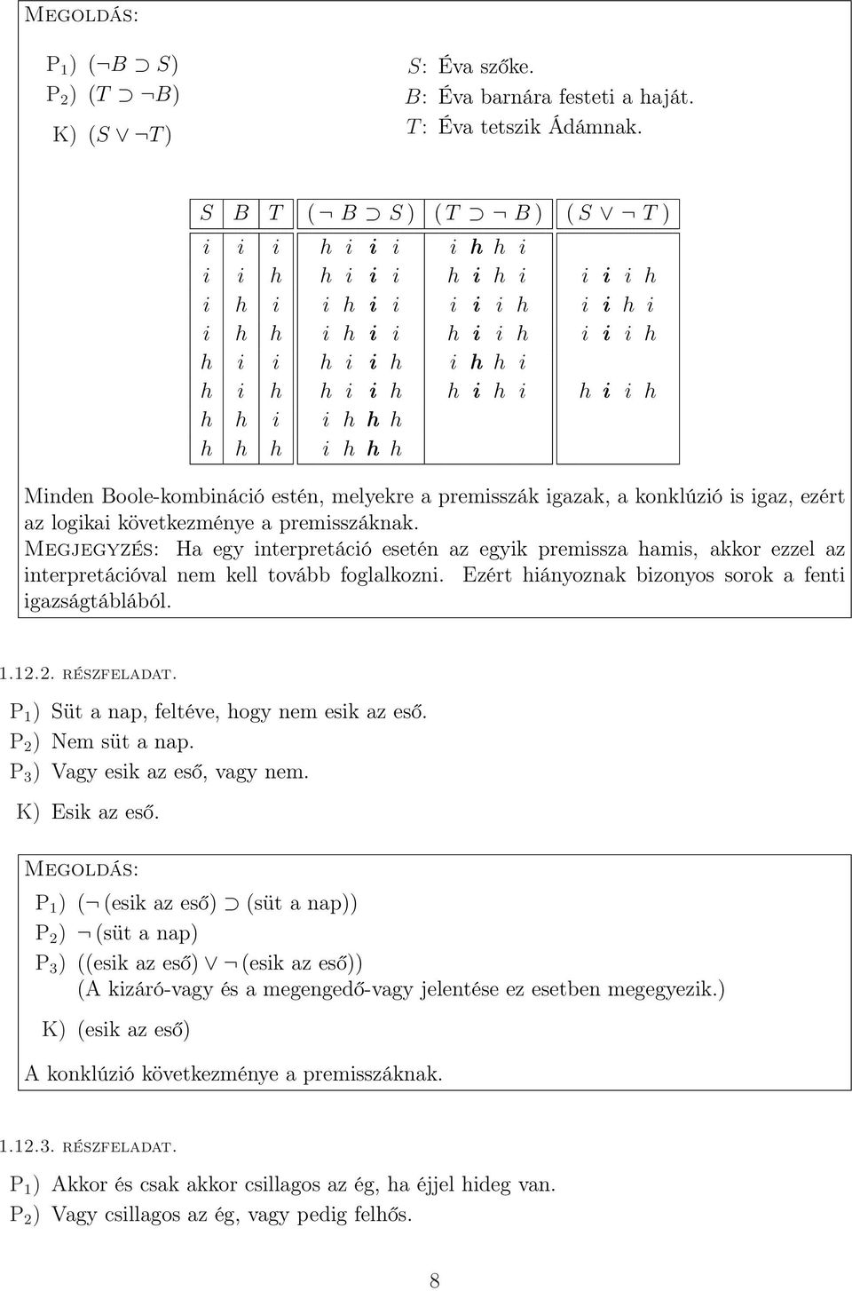 i h h h h h h i h h h Minden Boole-kombináció estén, melyekre a premisszák igazak, a konklúzió is igaz, ezért az logikai következménye a premisszáknak.