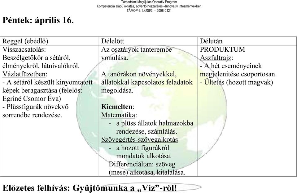 Az osztályok tanterembe vonulása. A tanórákon növényekkel, állatokkal kapcsolatos feladatok megoldása.