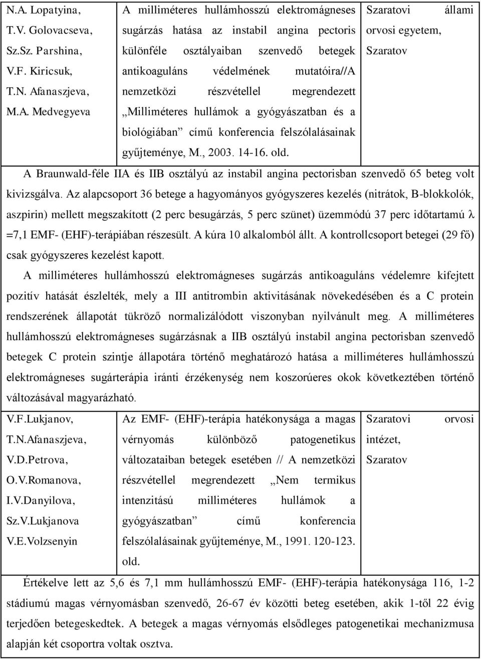 , 2003. 14-16. old. A Braunwald-féle IIA és IIB osztályú az instabil angina pectorisban szenvedő 65 beteg volt kivizsgálva.