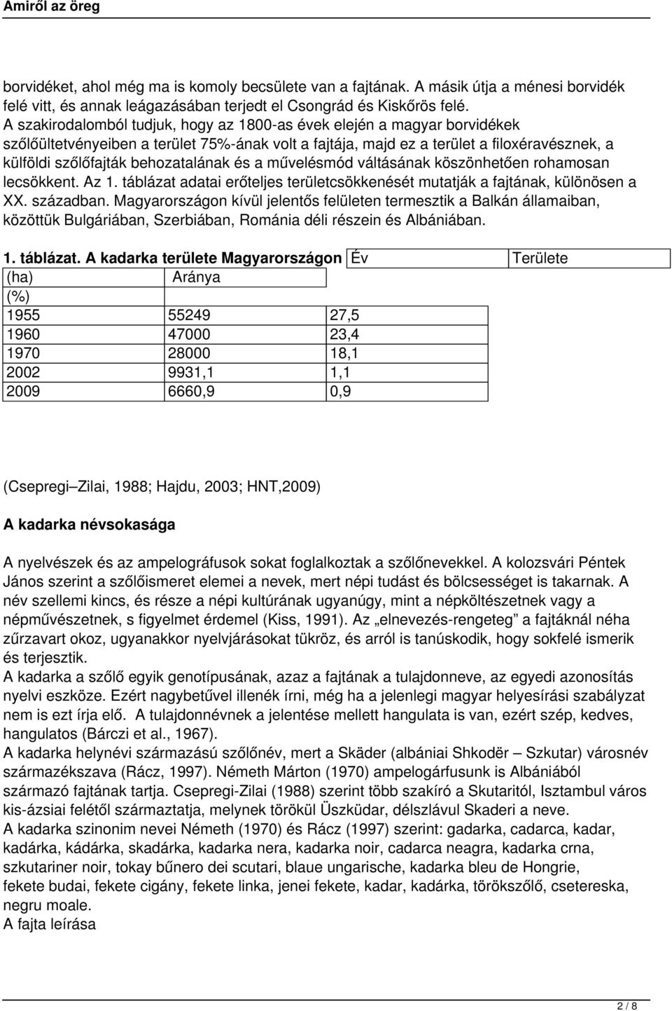 behozatalának és a művelésmód váltásának köszönhetően rohamosan lecsökkent. Az 1. táblázat adatai erőteljes területcsökkenését mutatják a fajtának, különösen a XX. században.