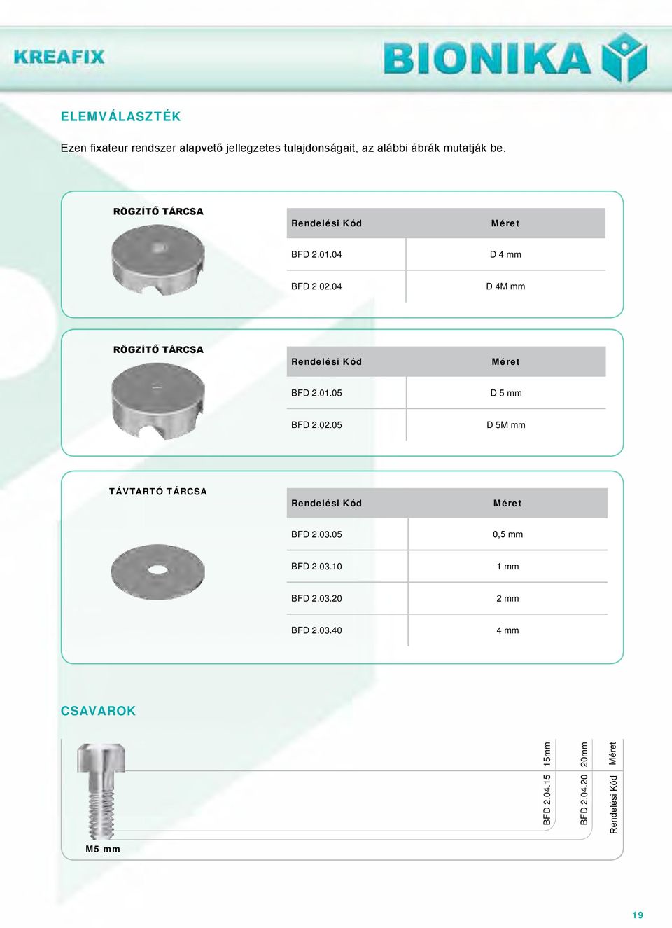 04 D 4M mm RÖGZÍTŐ TÁRCSA BFD 2.01.05 D 5 mm BFD 2.02.05 D 5M mm TÁVTARTÓ TÁRCSA BFD 2.