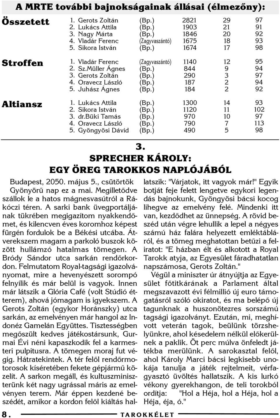 TAROKKÉLET 8 90 846 67 674 40 844 90 87 84 00 0 970 790 490 9 0 8 7. SPRECHER KÁROLY: EGY ÖREG TAROKKOS NAPLÓJÁBÓL 9 4 0 7 97 9 9 9 98 9 94 97 94 9 9 0 97 98 Budapest, 00. május.