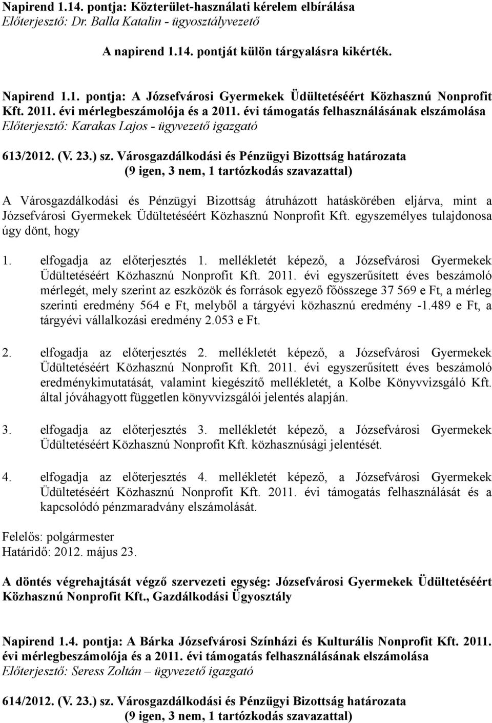 Városgazdálkodási és Pénzügyi Bizottság határozata A Városgazdálkodási és Pénzügyi Bizottság átruházott hatáskörében eljárva, mint a Józsefvárosi Gyermekek Üdültetéséért Közhasznú Nonprofit Kft.