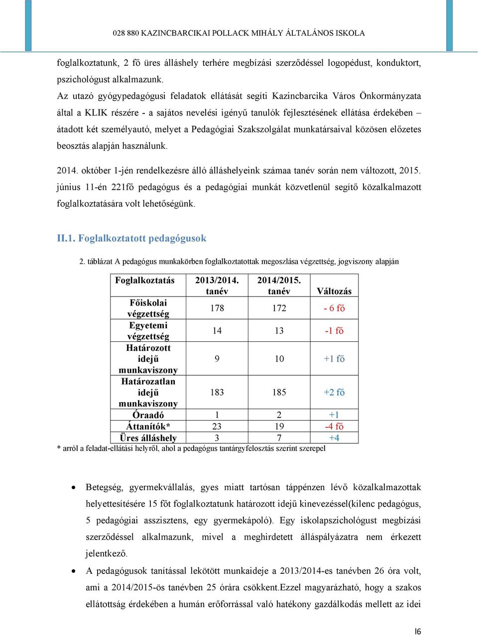 személyautó, melyet a Pedagógiai Szakszolgálat munkatársaival közösen előzetes beosztás alapján használunk. 2014. október 1-jén rendelkezésre álló álláshelyeink számaa tanév során nem változott, 2015.