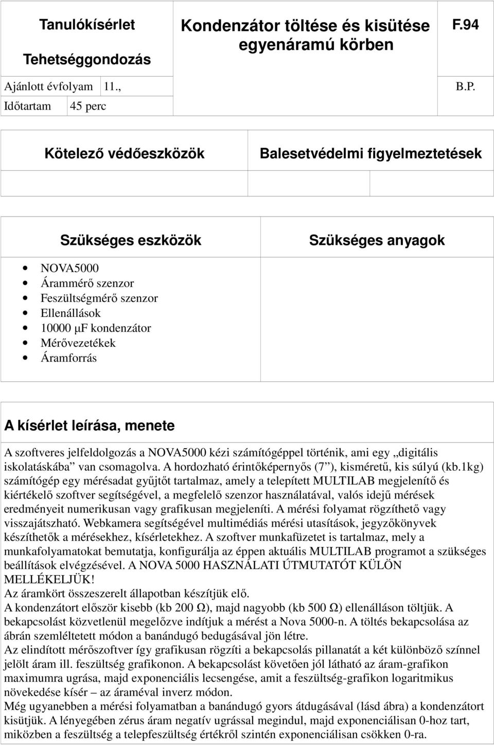 A kísérlet leírása, menete A szoftveres jelfeldolgozás a NOVA5000 kézi számítógéppel történik, ami egy digitális iskolatáskába van csomagolva.