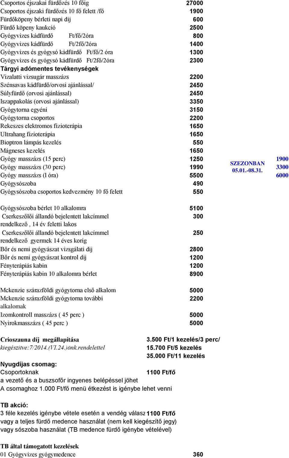 kádfürdő/orvosi ajánlással/ 2450 Súlyfürdő (orvosi ajánlással) 2450 Iszappakolás (orvosi ajánlással) 3350 Gyógytorna egyéni 3150 Gyógytorna csoportos 2200 Rekeszes elektromos fizioterápia 1650