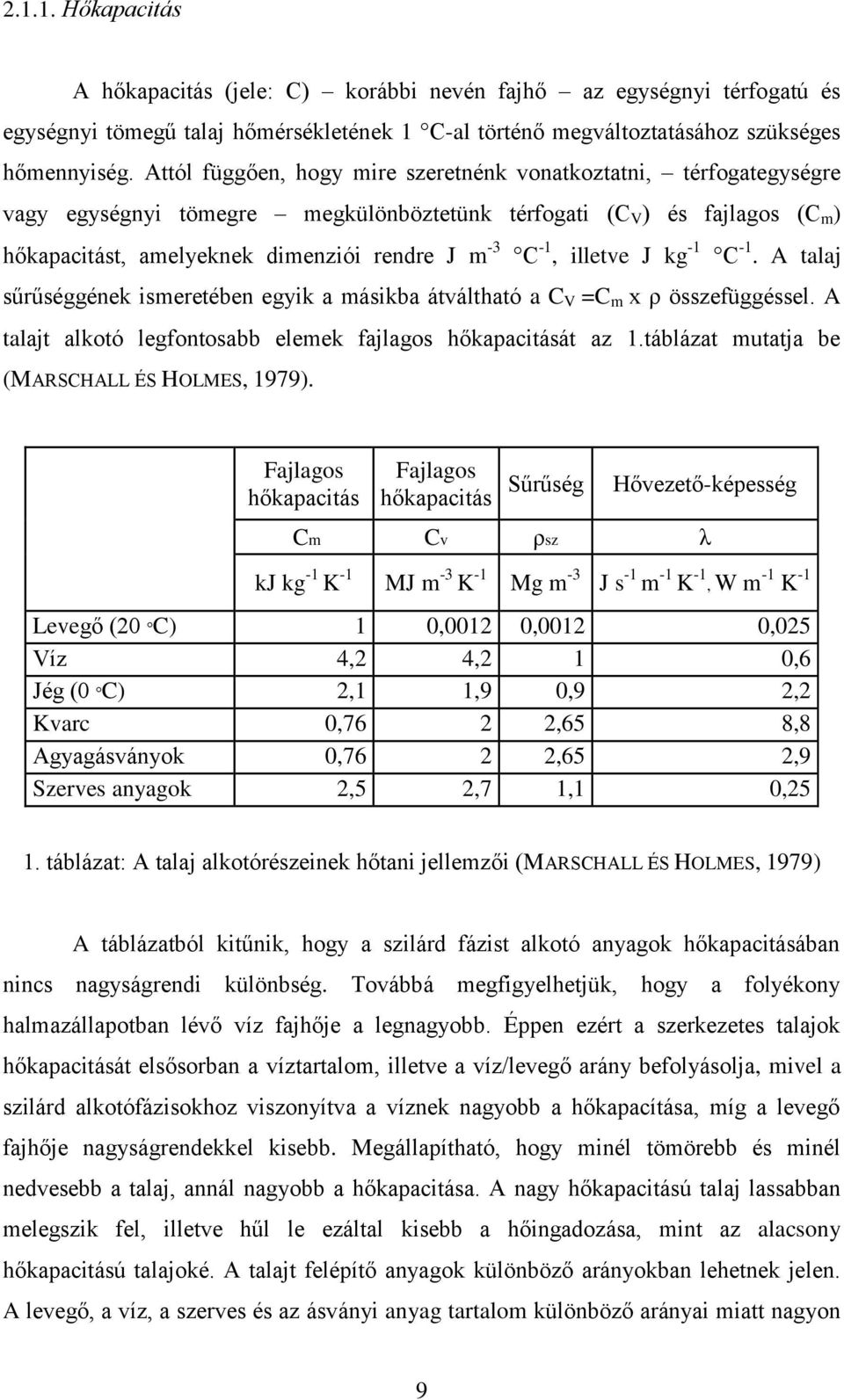 illetve J kg -1 C -1. A talaj sűrűséggének ismeretében egyik a másikba átváltható a C V =C m x ρ összefüggéssel. A talajt alkotó legfontosabb elemek fajlagos hőkapacitását az 1.