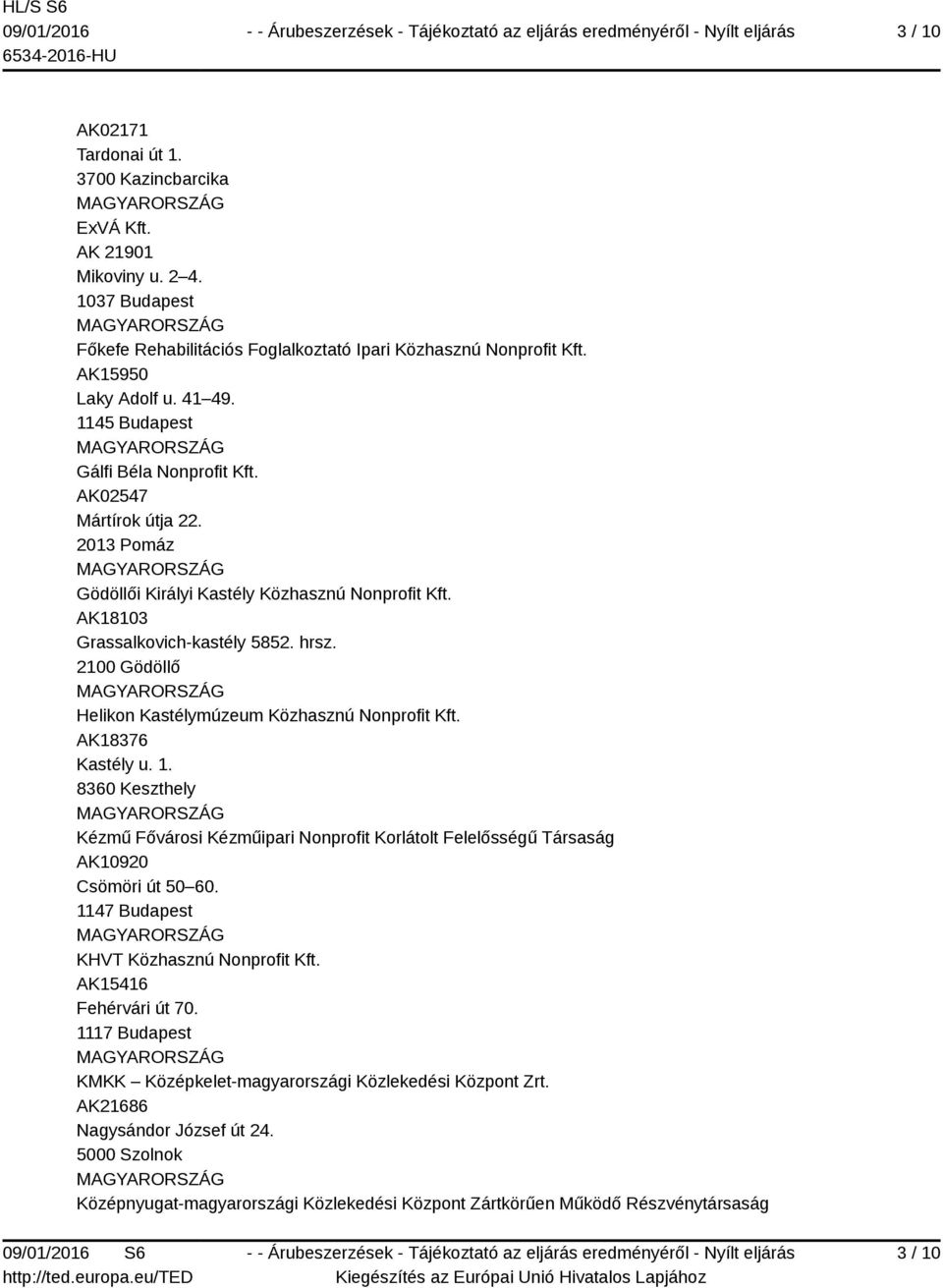 2100 Gödöllő Helikon Kastélymúzeum Közhasznú Nonprofit Kft. AK18376 Kastély u. 1. 8360 Keszthely Kézmű Fővárosi Kézműipari Nonprofit Korlátolt Felelősségű Társaság AK10920 Csömöri út 50 60.