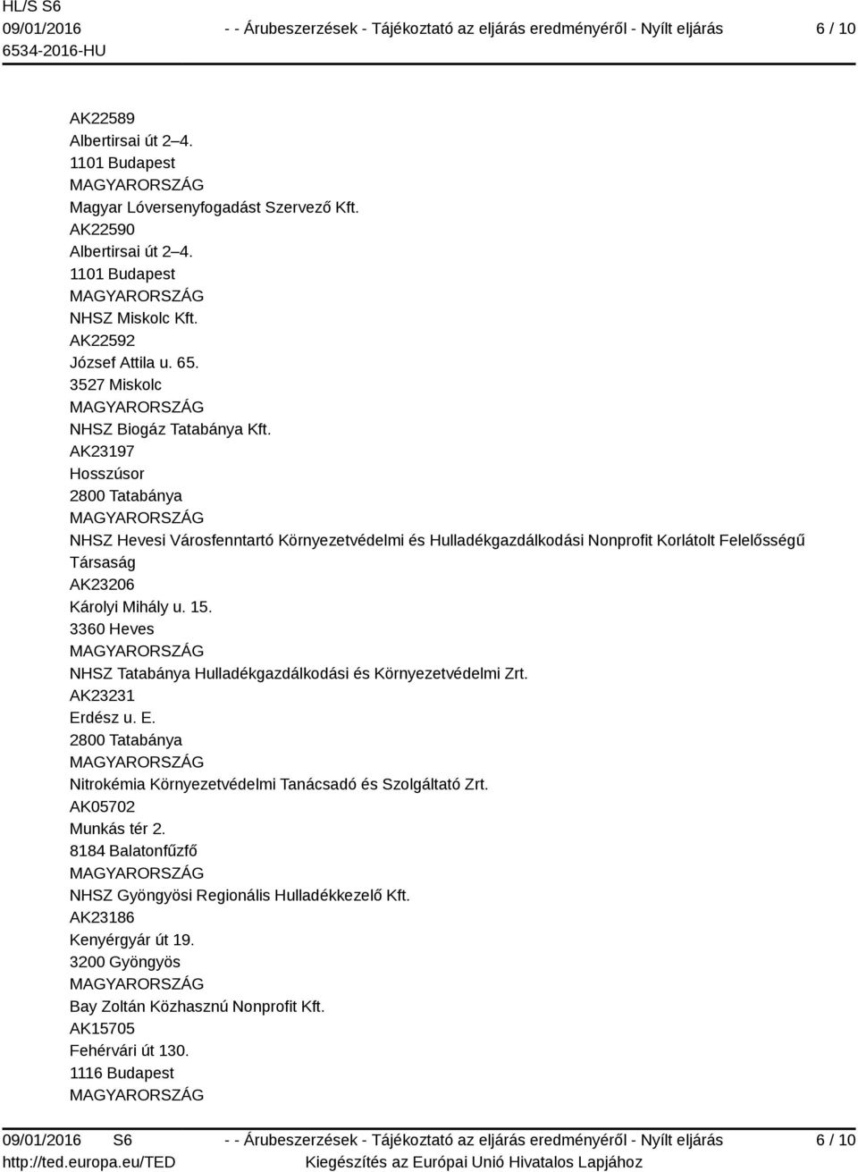 AK23197 Hosszúsor 2800 Tatabánya NHSZ Hevesi Városfenntartó Környezetvédelmi és Hulladékgazdálkodási Nonprofit Korlátolt Felelősségű Társaság AK23206 Károlyi Mihály u. 15.