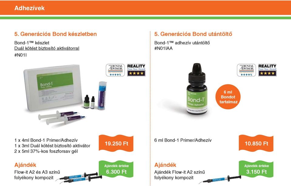 1 x 3ml Duál kötést biztosító aktivátor 2 x 5ml 37%-kos foszforsav gél 19.250 Ft 6 ml Bond-1 Primer/Adhezív 10.