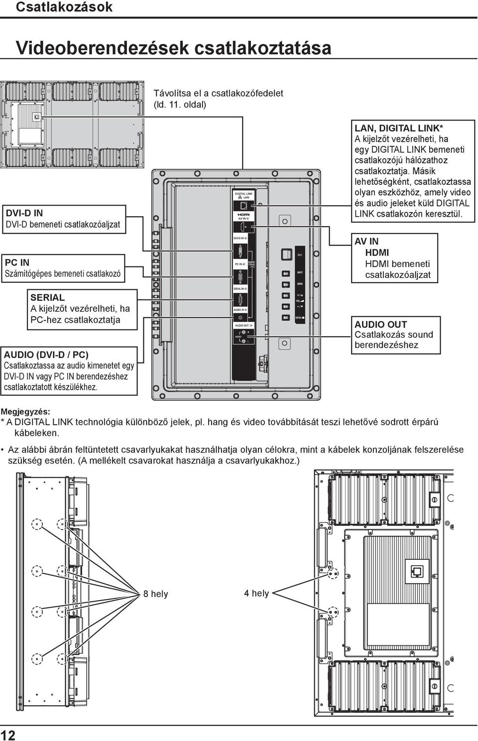 DVI-D IN vagy PC IN berendezéshez csatlakoztatott készülékhez. LAN, DIGITAL LINK* A kijelzőt vezérelheti, ha egy DIGITAL LINK bemeneti csatlakozójú hálózathoz csatlakoztatja.