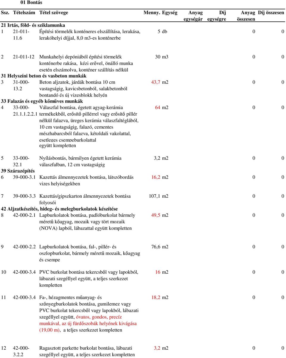 esetén elszámolva, konténer szállítás nélkül 31 Helyszíni beton és vasbeton munkák 3 31-000- 13.