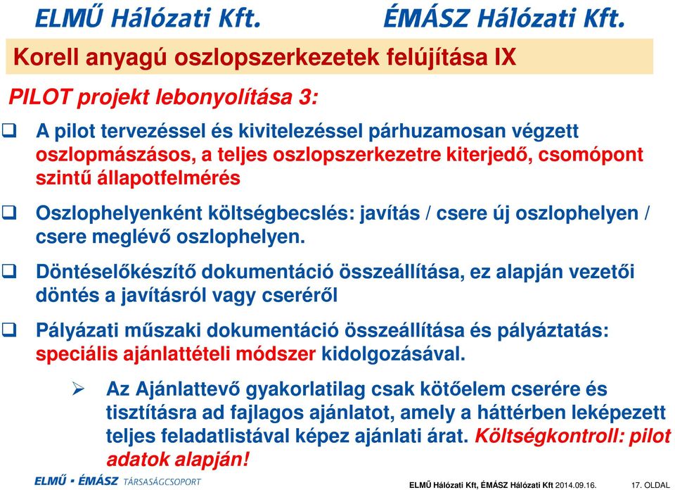 Döntéselőkészítő dokumentáció összeállítása, ez alapján vezetői döntés a javításról vagy cseréről Pályázati műszaki dokumentáció összeállítása és pályáztatás: speciális ajánlattételi