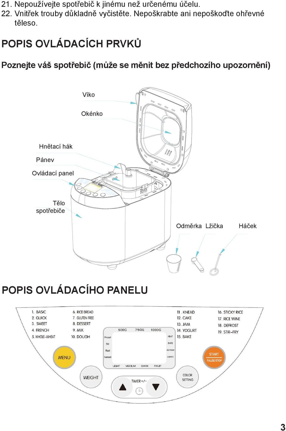 POPIS OVLÁDACÍCH PRVKŮ Poznejte váš spotřebič (může se měnit bez předchozího