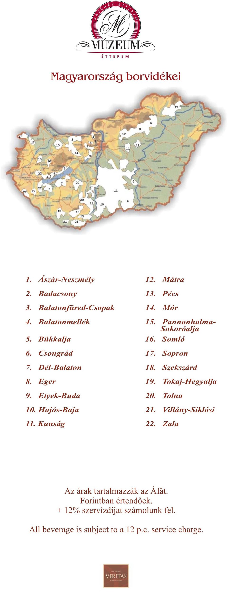 Szekszárd 8. Eger 19. Tokaj-Hegyalja 9. Etyek-Buda 20. Tolna 10. Hajós-Baja 21. Villány-Siklósi 11. Kunság 22.