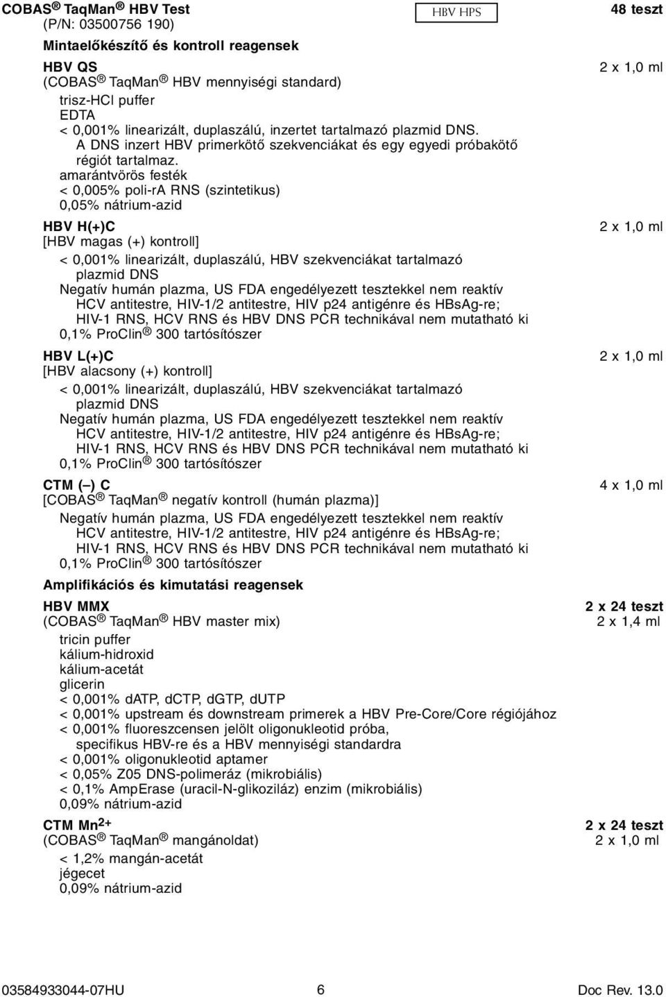 amarántvörös festék < 0,005% poli-ra RNS (szintetikus) 0,05% nátrium-azid HBV H(+)C [HBV magas (+) kontroll] < 0,001% linearizált, duplaszálú, HBV szekvenciákat tartalmazó plazmid DNS Negatív humán