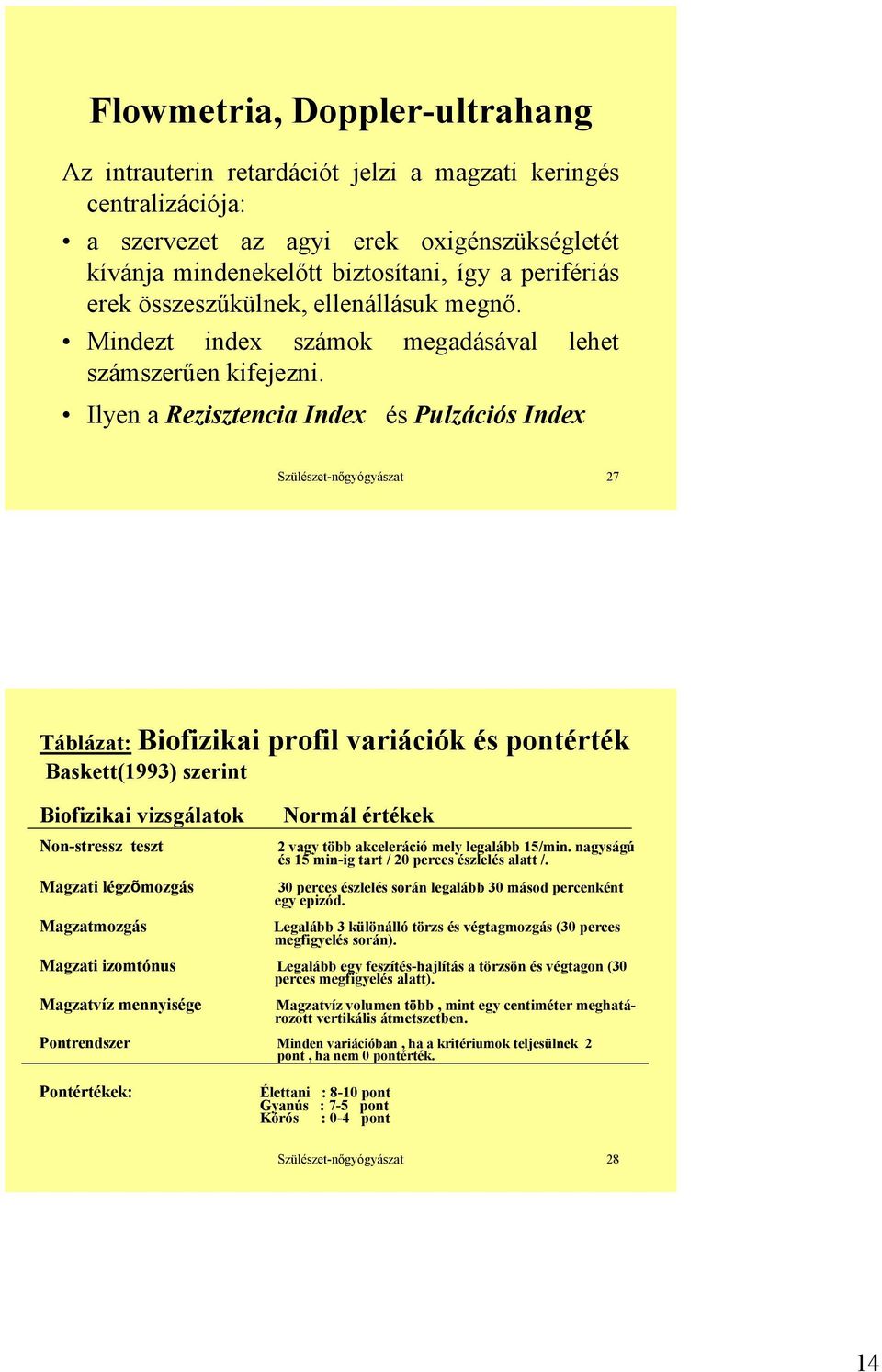 Ilyen arezisztencia Index és Pulzációs Index Szülészet-nőgyógyászat 27 Táblázat: Biofizikai profil variációk és pontérték Baskett(1993) szerint Biofizikai vizsgálatok Non-stressz teszt Magzati