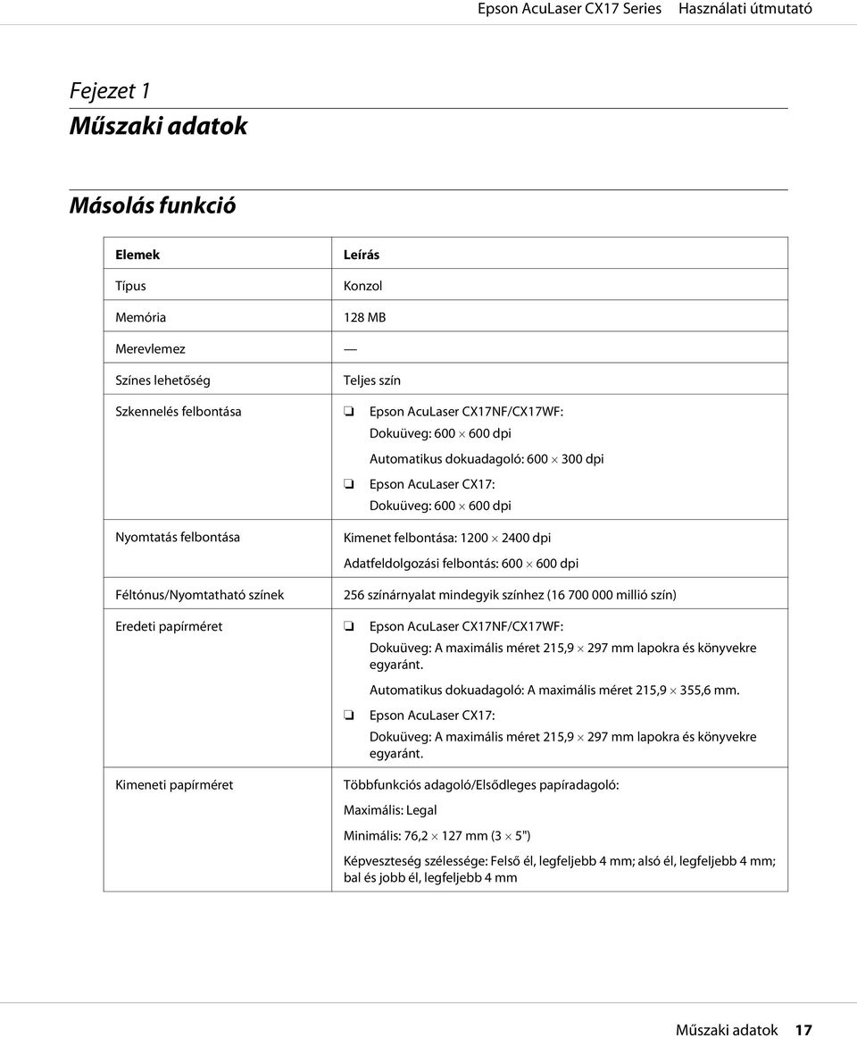 dpi 256 színárnyalat mindegyik színhez (16 700 000 millió szín) Eredeti papírméret Epson AcuLaser CX17NF/CX17WF: Dokuüveg: A maximális méret 215,9 297 mm lapokra és könyvekre egyaránt.