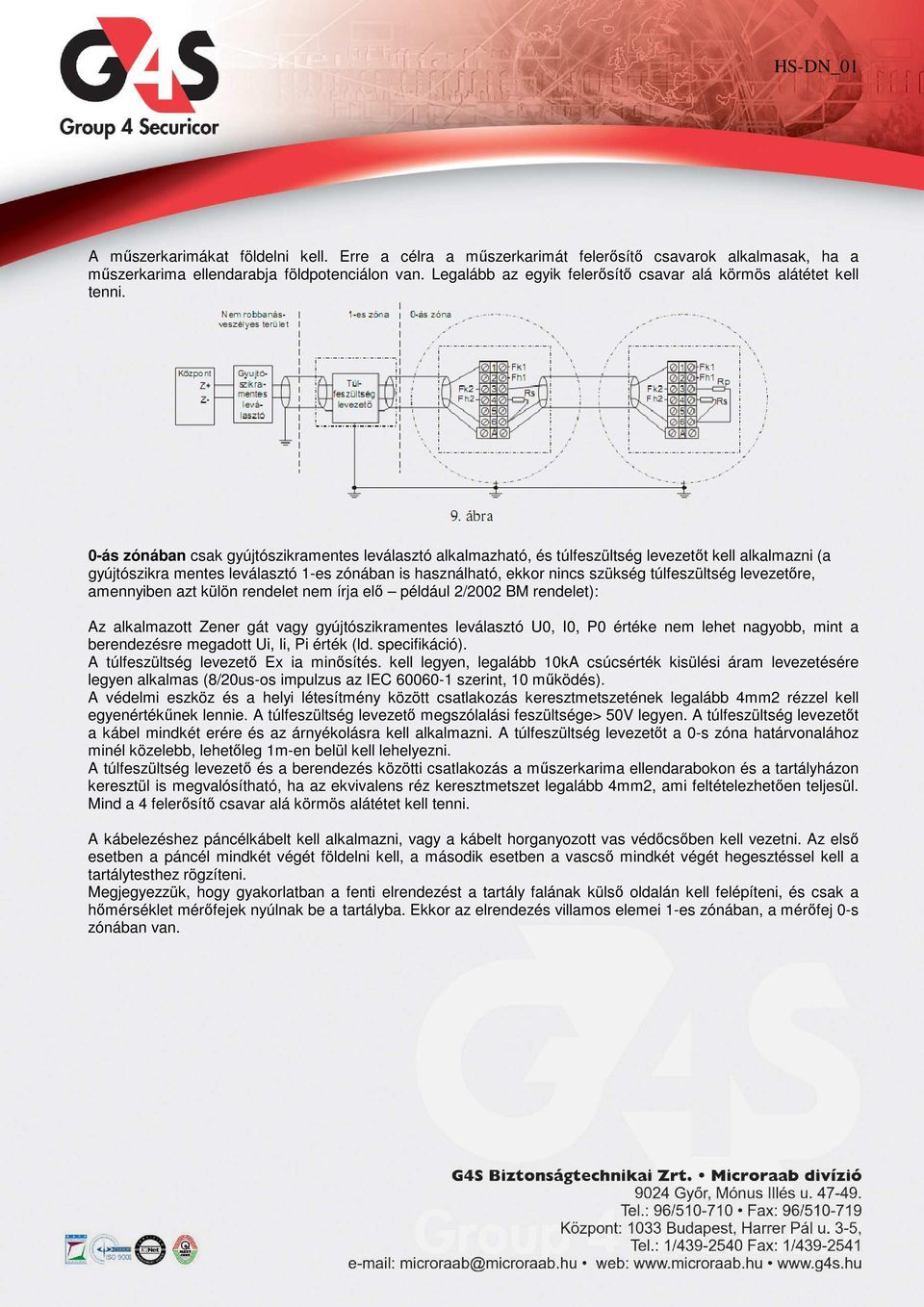 0-ás zónában csak gyújtószikramentes leválasztó alkalmazható, és túlfeszültség levezetıt kell alkalmazni (a gyújtószikra mentes leválasztó 1-es zónában is használható, ekkor nincs szükség