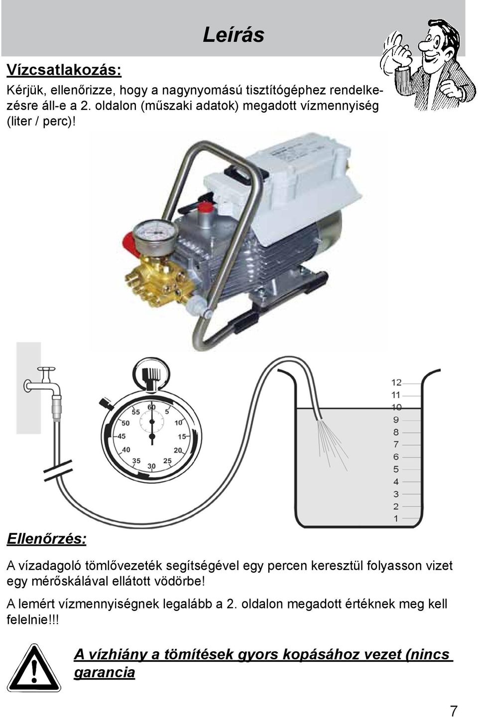 Ellenőrzés: A vízadagoló tömlővezeték segítségével egy percen keresztül folyasson vizet egy mérőskálával