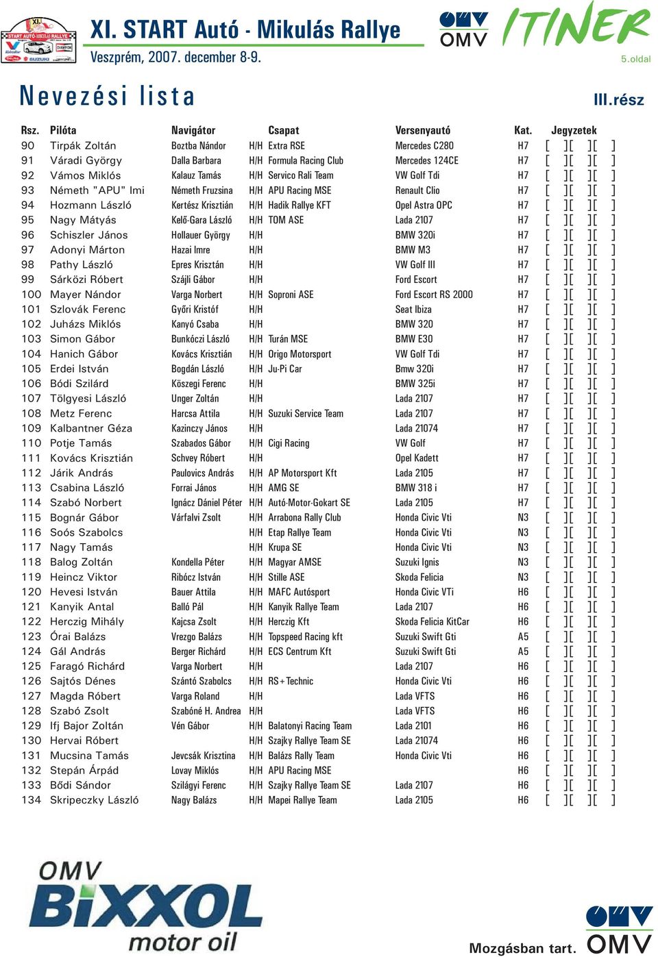 Golf Tdi H7 93 Németh "APU" Imi Németh Fruzsina H/H APU Racing MSE Renault Clio H7 94 Hozmann László Kertész Krisztián H/H Hadik Rallye KFT Opel Astra OPC H7 95 Nagy Mátyás Kelő-Gara László H/H TOM