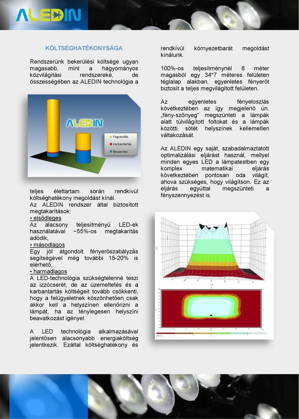 Az egyenletes fényeloszlás következtében az így megjelenő ún. fény-szőnyeg megszünteti a lámpák alatt túlvilágított foltokat és a lámpák közötti sötét helyszínek kellemetlen váltakozását.