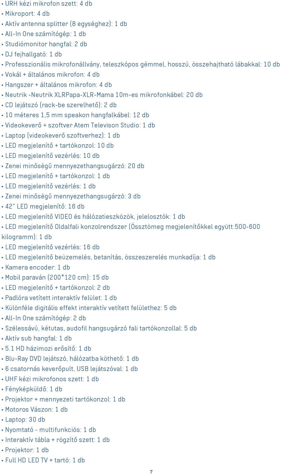 lejátszó (rack-be szerelhető): 2 db 10 méteres 1,5 mm speakon hangfalkábel: 12 db Videokeverő + szoftver Atem Televison Studio: 1 db Laptop (videokeverő szoftverhez): 1 db LED megjelenítő +