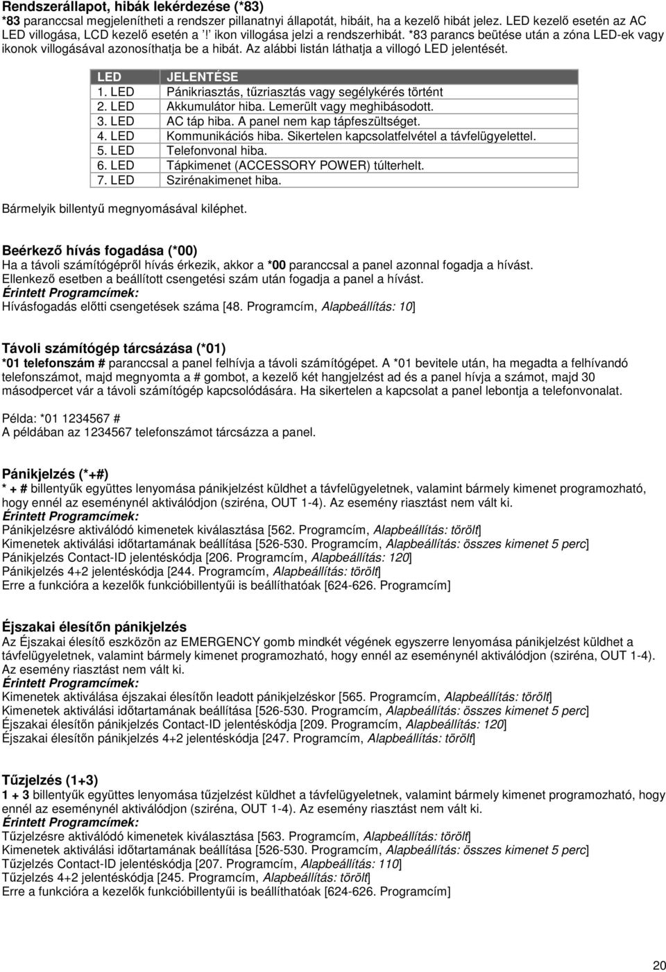 LED Pánikriasztás, tűzriasztás vagy segélykérés történt 2. LED Akkumulátor hiba. Lemerült vagy meghibásodott. 3. LED AC táp hiba. A panel nem kap tápfeszültséget. 4. LED Kommunikációs hiba.