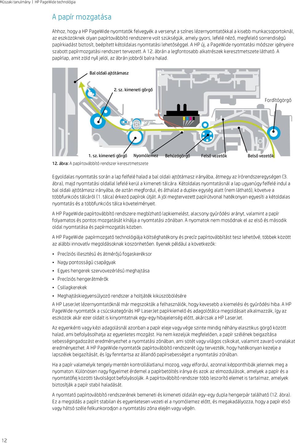 A HP új, a PageWide nyomtatási módszer igényeire szabott papírmozgatási rendszert tervezett. A 12. ábrán a legfontosabb alkatrészek keresztmetszete látható.