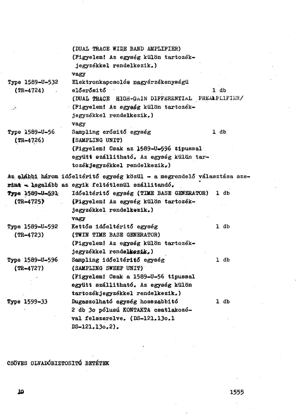 ) vagy Sampling erósitó egység l db (SAMPLING UNIT) (Figyelem! Csak az 1589-U-?99 tipussal együtt szállithat6. Az egység kültln tartozékjegyzékkel rendelkezik.-) /tz.