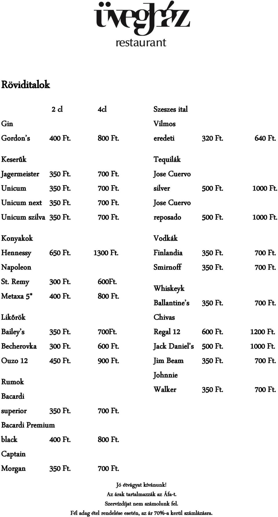 700Ft. Becherovka 300 Ft. 600 Ft. Ouzo 12 450 Ft. 900 Ft. Rumok Bacardi superior 350 Ft. 700 Ft. Bacardi Premium black 400 Ft. 800 Ft. Captain Morgan 350 Ft. 700 Ft. Vodkák Finlandia 350 Ft.