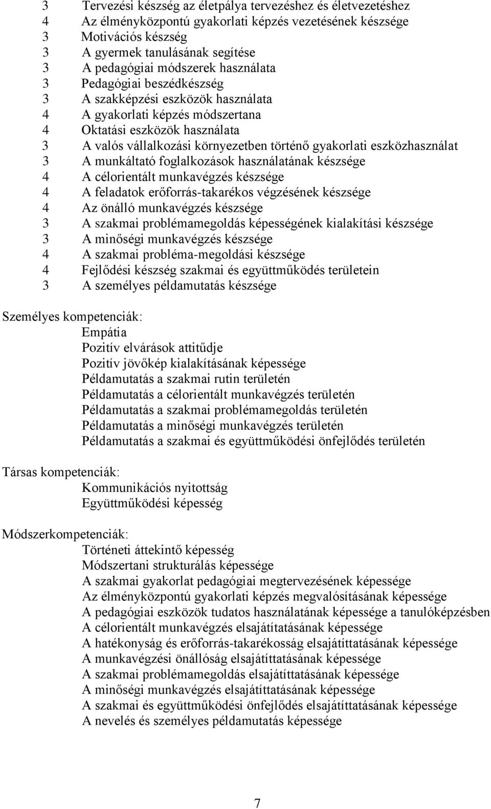 eszközhasználat 3 munkáltató foglalkozások használatának készsége 4 célorientált munkavégzés készsége 4 feladatok erőforrás-takarékos végzésének készsége 4 z önálló munkavégzés készsége 3 szakmai