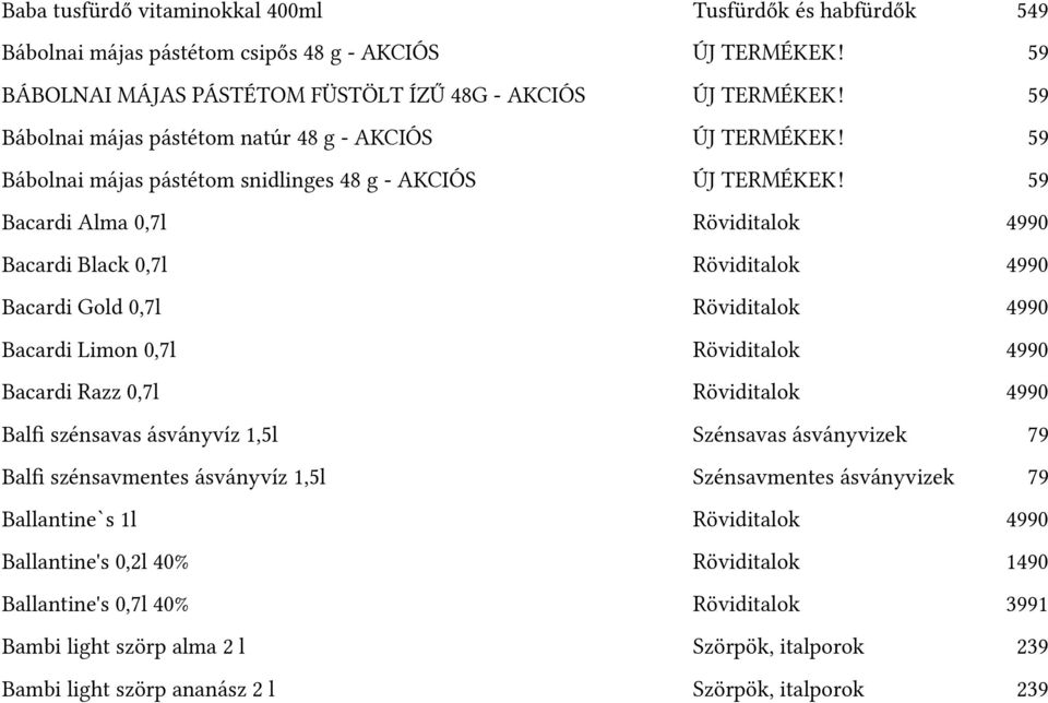 59 Bacardi Alma 0t,7l Röviditalok 4990 Bacardi Black 0t,7l Röviditalok 4990 Bacardi Gold 0t,7l Röviditalok 4990 Bacardi Limon 0t,7l Röviditalok 4990 Bacardi Razz 0t,7l Röviditalok 4990 Balf szénsavas