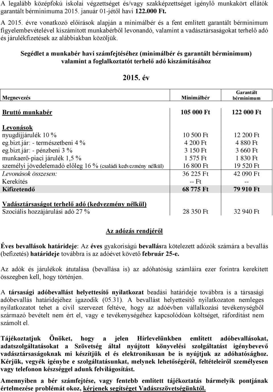 járulékfizetések az alábbiakban közöljük. Segédlet a munkabér havi számfejtéséhez (minimálbér és garantált bérminimum) valamint a foglalkoztatót terhelő adó kiszámításához 2015.