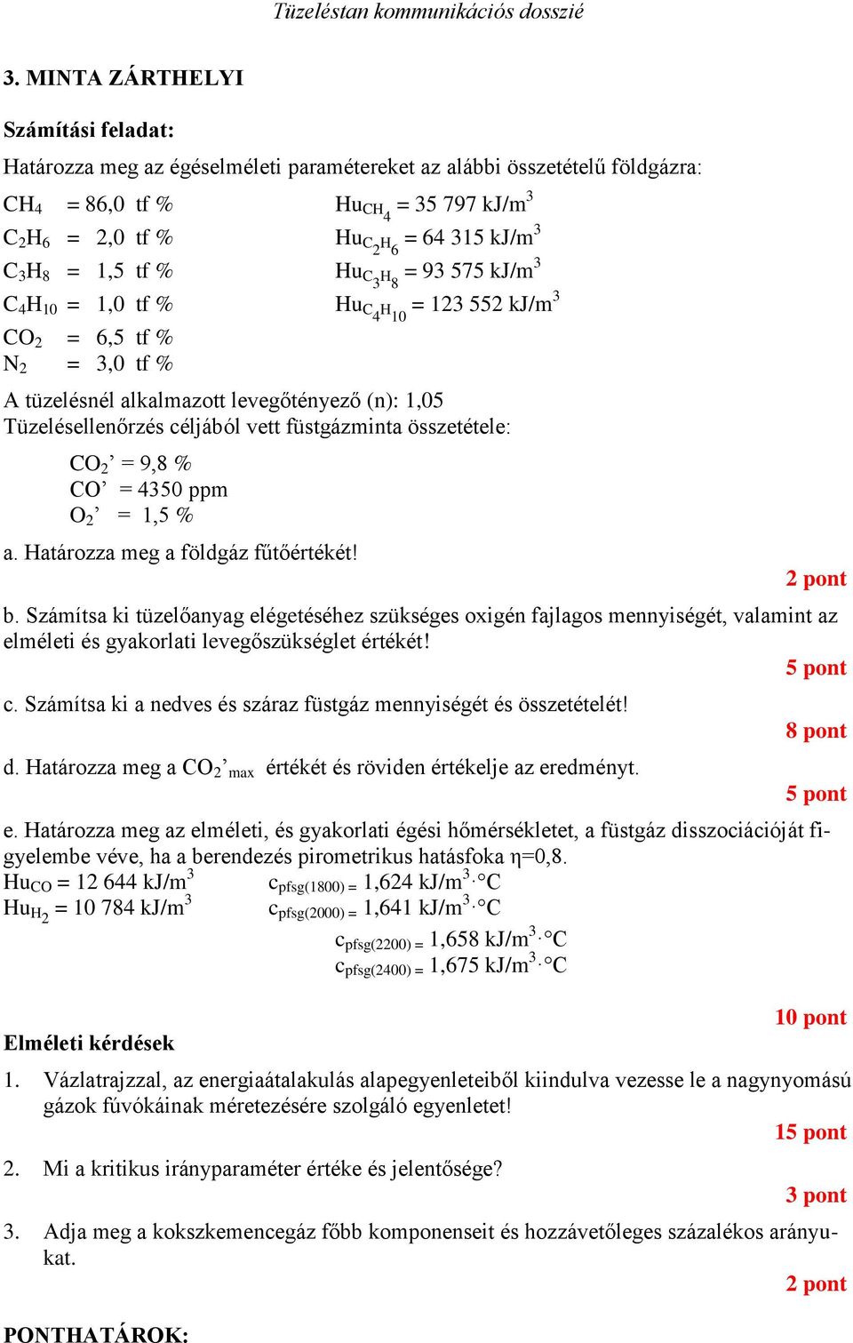 vett füstgázminta összetétele: CO 2 = 9,8 % CO = 4350 ppm O 2 = 1,5 % a. Határozza meg a földgáz fűtőértékét! 2 pont b.