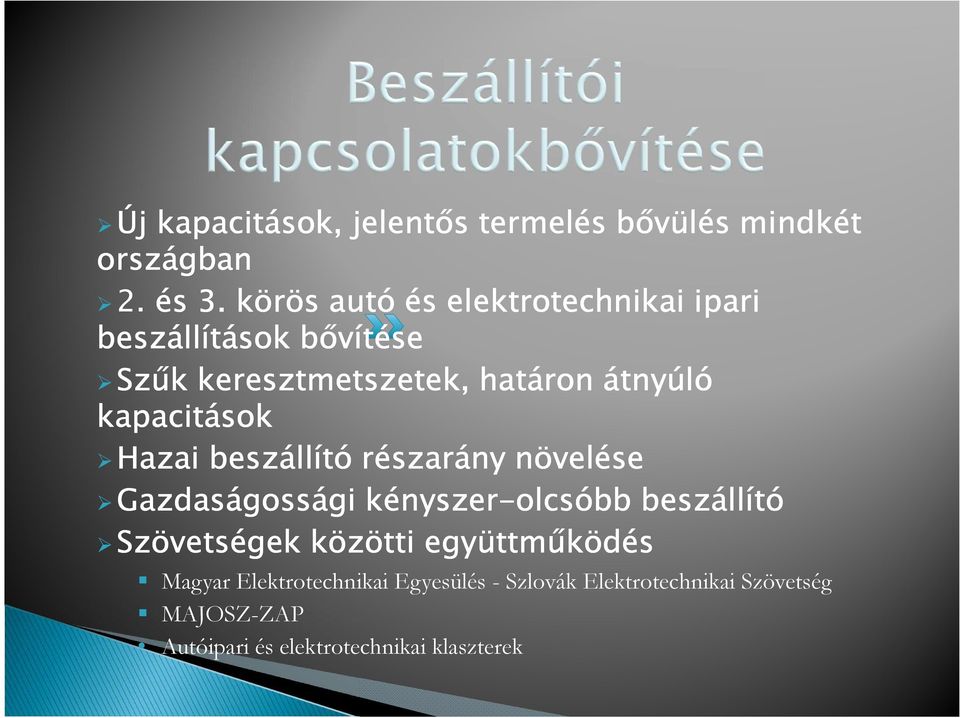 kapacitások Hazai beszállító részarány növelése Gazdaságossági kényszer-olcsóbb beszállító Szövetségek