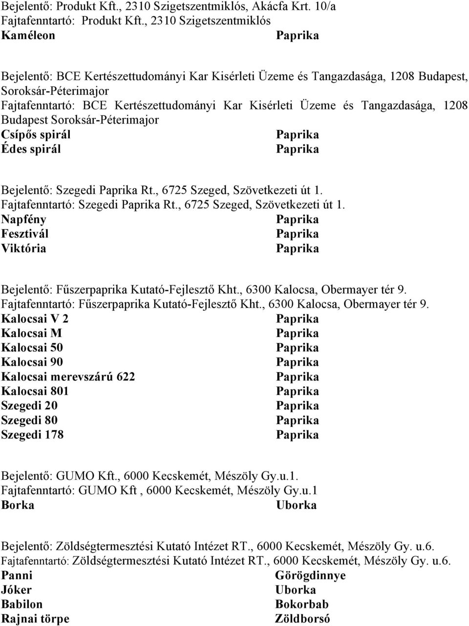 és Tangazdasága, 1208 Budapest Soroksár-Péterimajor Csípős spirál Édes spirál Bejelentő: Szegedi Rt., 6725 Szeged, Szövetkezeti út 1.