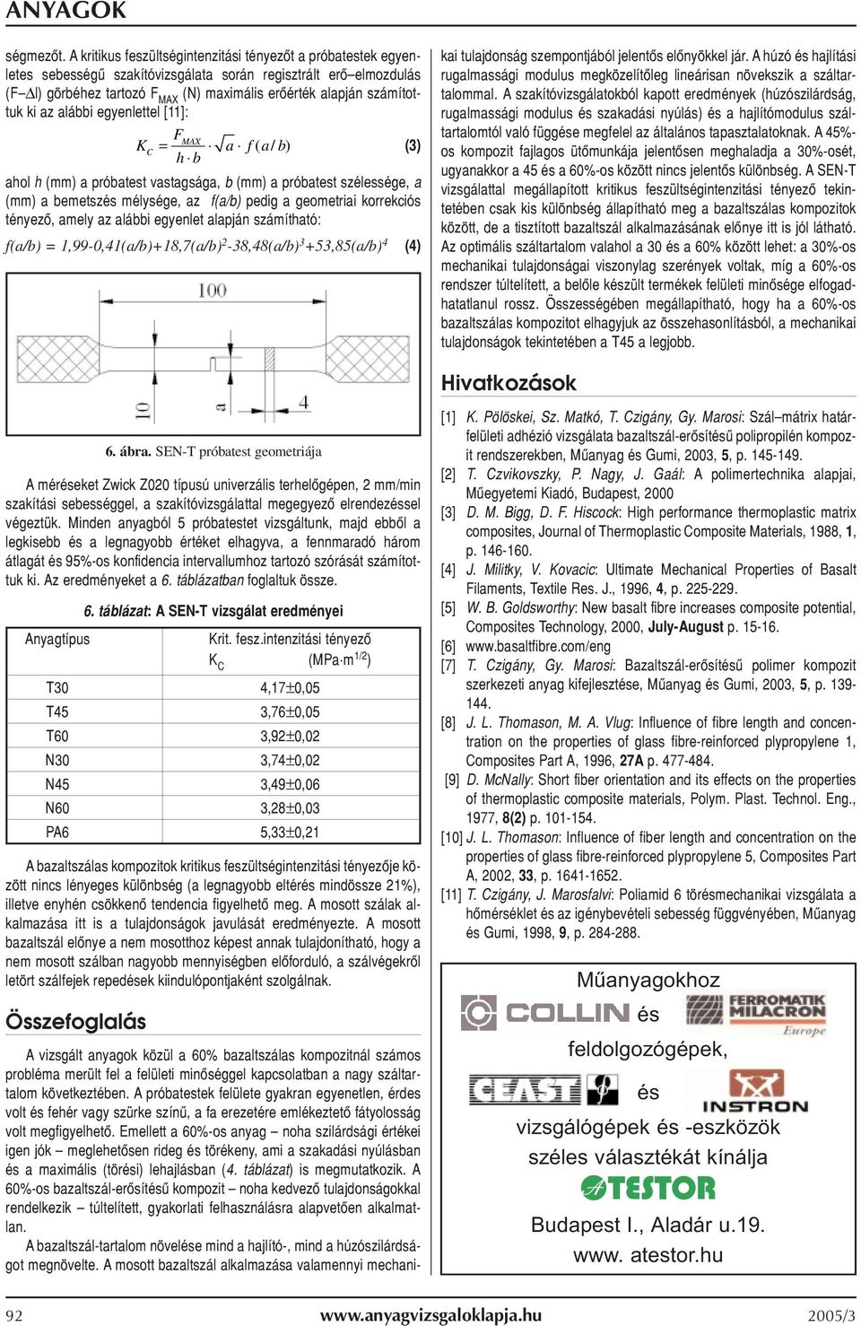 ki az alábbi egyenlettel [11]: FMAX K = a f( a/ b) C (3) h b ahol h (mm) a próbatest vastagsága, b (mm) a próbatest szélessége, a (mm) a bemetszés mélysége, az f(a/b) pedig a geometriai korrekciós