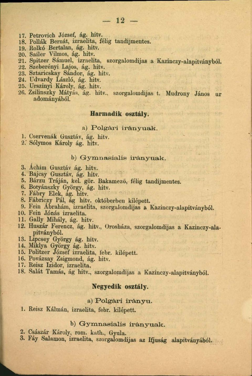 Zsilinszky Mátyás, ág. hitv., szorgalomdijas t. Mudrony János ur adományából. Harmadik osztály. a) P o l g á r i i r á n y ú a k. 1. Cservenák Gusztáv, ág. hitv. 2. ' Sólymos Károly ág. hitv. b) G j ' m n a s i a lis i r á n y ú a k.