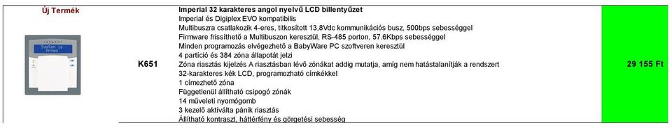 6Kbps sebességgel Minden programozás elvégezhető a BabyWare PC szoftveren keresztül 4 partíció és 384 zóna állapotát jelzi Zóna riasztás kijelzés A riasztásban lévő zónákat