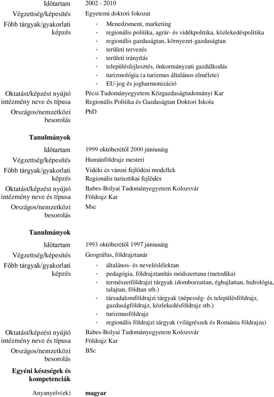 Közgazdaságtudományi Kar Regionális Politika és Gazdaságtan Doktori Iskola PhD Végzettség/képesítés 1999 októberétől 2000 júniusáig Humánföldrajz mesteri Vidéki és városi fejlődési modellek