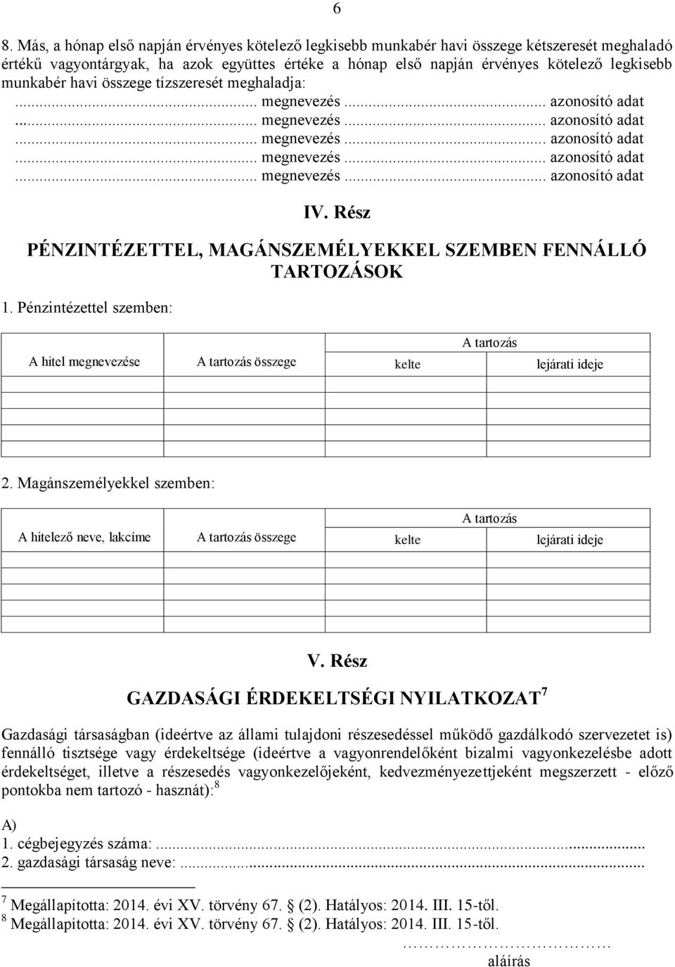 Pénzintézettel szemben: A tartozás A hitel megnevezése A tartozás összege kelte lejárati ideje 2.