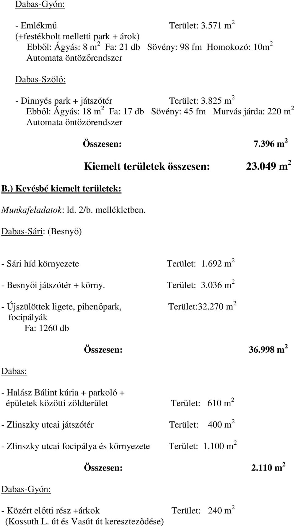 825 m 2 Ebből: Ágyás: 18 m 2 Fa: 17 db Sövény: 45 fm Murvás járda: 220 m 2 Automata öntözőrendszer B.) Kevésbé kiemelt területek: Munkafeladatok: ld. 2/b. mellékletben.