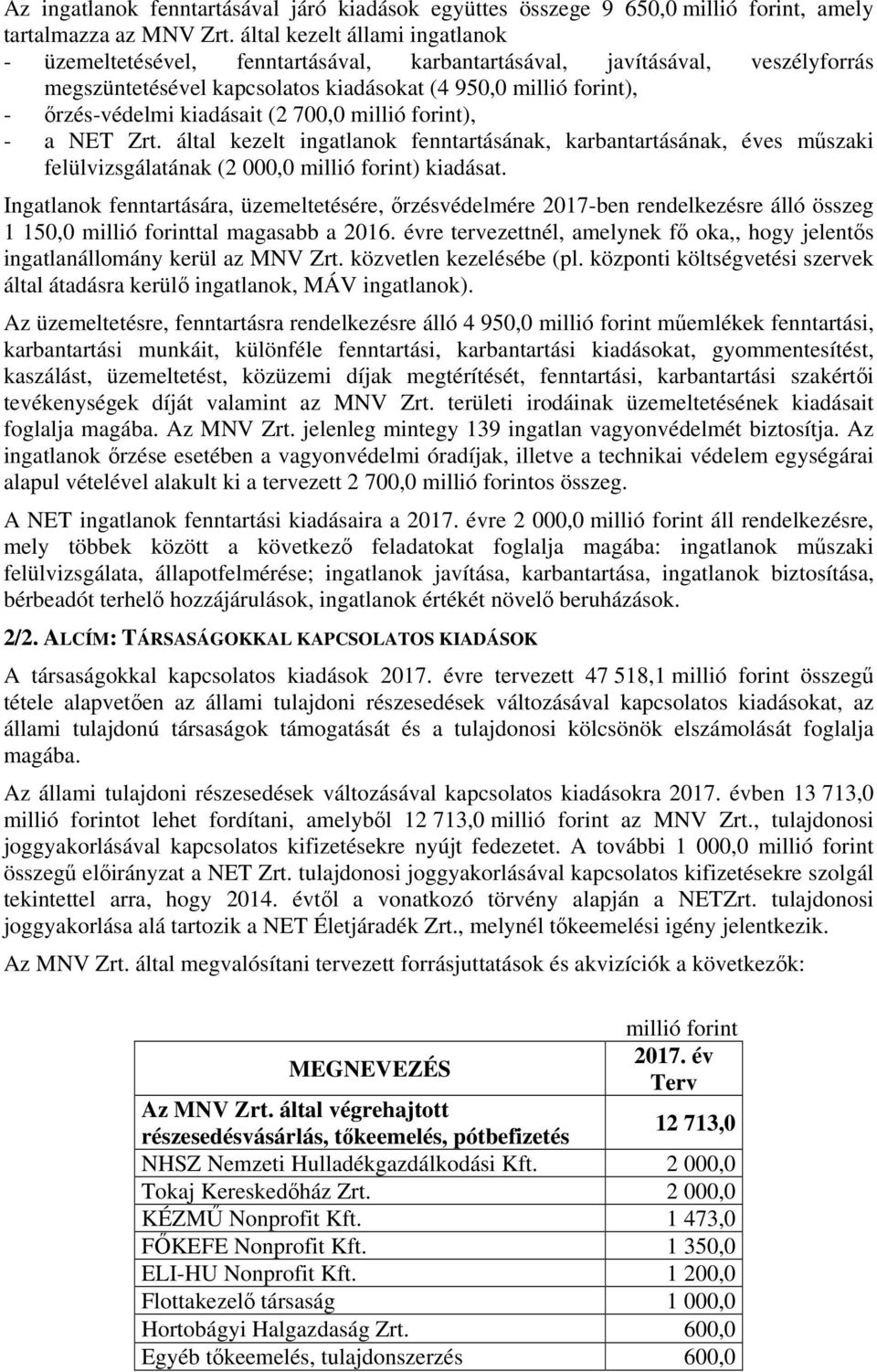 kiadásait (2 700,0 millió forint), - a NET Zrt. által kezelt ingatlanok fenntartásának, karbantartásának, éves műszaki felülvizsgálatának (2 000,0 millió forint) kiadásat.