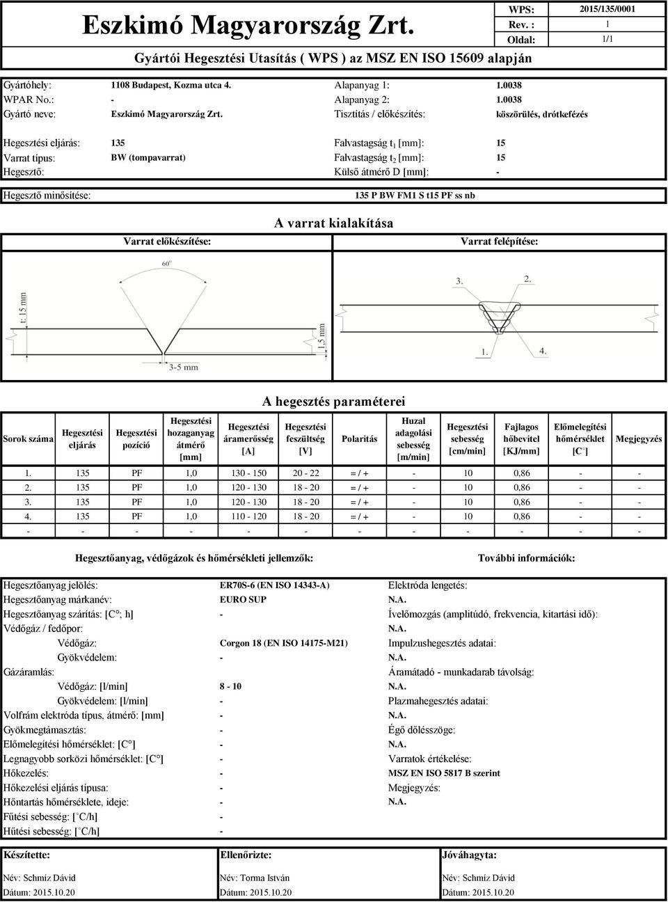 Tisztítás / előkészítés: köszörülés, drótkefézés Hegesztési eljárás: 135 Varrat típus: BW (tompavarrat) Hegesztő: Hegesztő minősítése: Falvastagság t 1 [mm]: 15 Falvastagság t 2 [mm]: 15 Külső átmérő