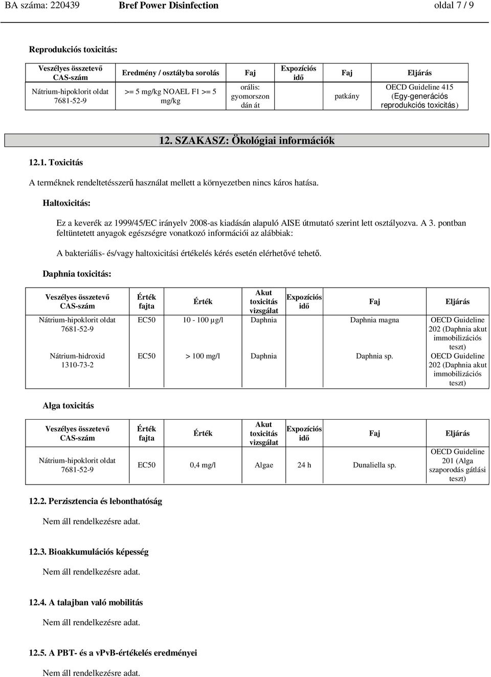 Haltoxicitás: Ez a keverék az 1999/45/EC irányelv 2008-as kiadásán alapuló AISE útmutató szerint lett osztályozva. A 3.