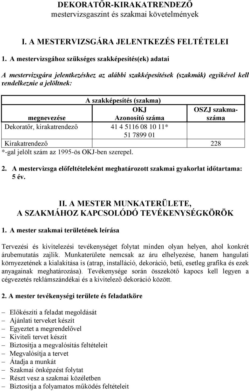 OKJ Azonosító száma OSZJ szakmaszáma Dekoratőr, kirakatrendező 41 4 5116 08 10 11* 51 7899 01 Kirakatrendező 228 *-gal jelölt szám az 1995-ös OKJ-ben szerepel. 2. A mestervizsga előfeltételeként meghatározott szakmai gyakorlat időtartama: 5 év.