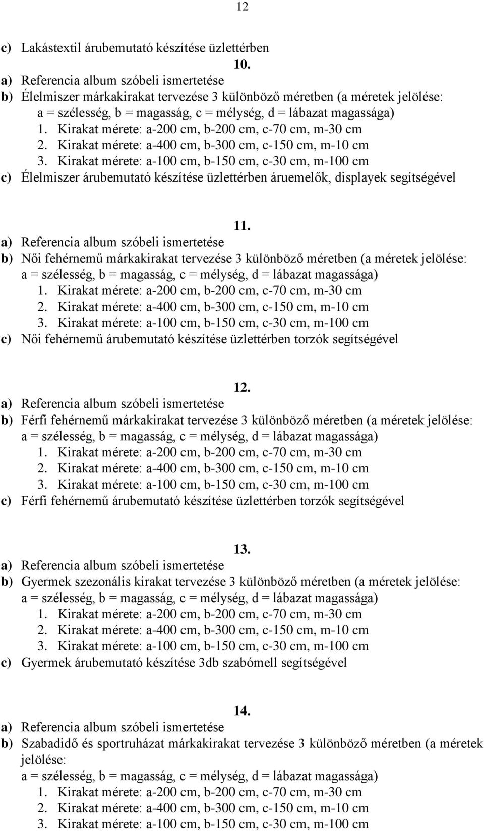 b) Női fehérnemű márkakirakat tervezése 3 különböző méretben (a méretek jelölése: c) Női fehérnemű árubemutató készítése üzlettérben torzók segítségével 12.